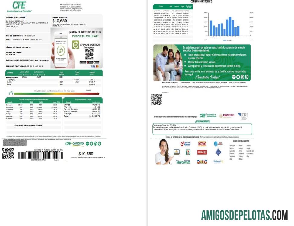 em branco Modelo de conta de serviços públicos da Comissão Federal de Eletricidade do México (CFE) em formato Word, 2 páginas
